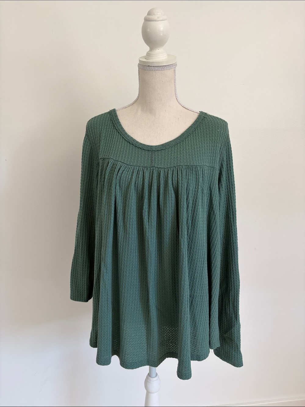 Eri + Ali Women's Green Waffle Knit Long-Sleeve Peasant Top XL